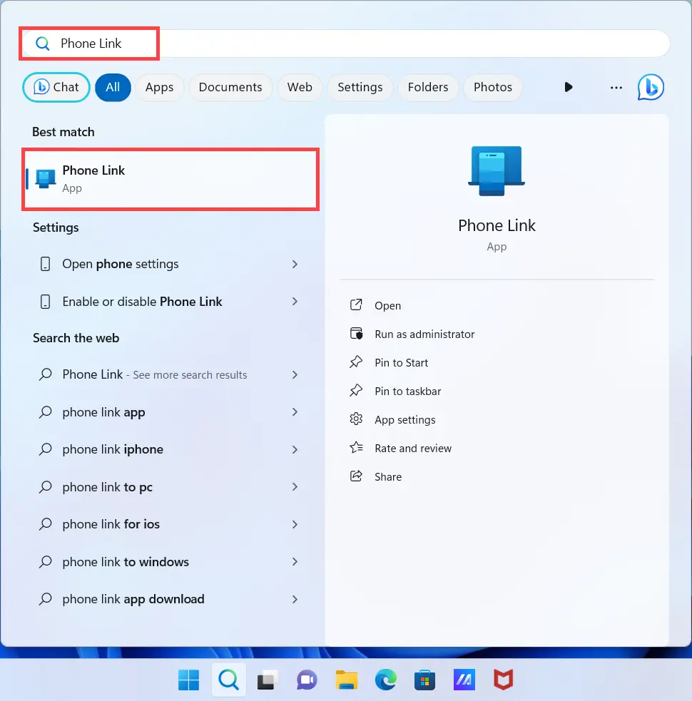 Step 1 of aka.ms/LinkPC: On your Windows PC, open Phone Link and select Android.