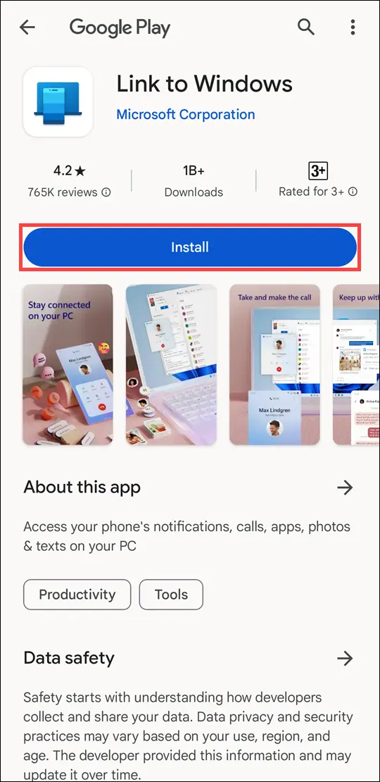 Step 2 of aka.ms/LinkPC: On your Android device, visit aka.ms/LinkPC and install Link to Windows.